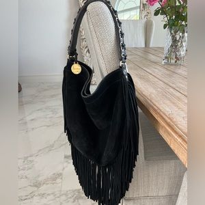 Stuart Weitzman Black Suede Fringe Handbag
